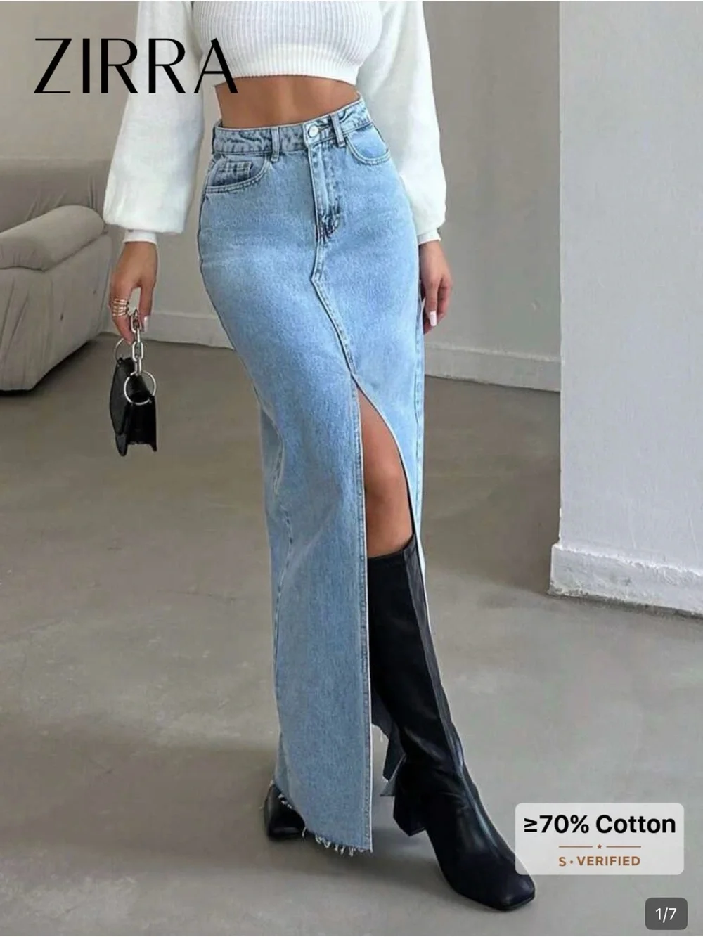 Zirra Light Blue High-Waist Denim Maxi Skirt with Front Slit - Picture 1 of 1